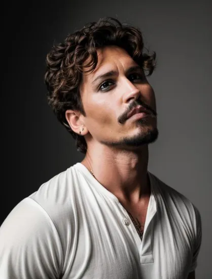 Thoughtful man @JohnnyDepp, Johnny Depp, curly short hair, black and white photo, faint stubble, white crew neck shirt, gazing upward, serene expression, grayscale palette, isolated against a plain, neutral background, soft shadows caress the contours of his face, upper body visible, tight crop framing the portrait just below the shoulders, subtle catchlights in his eyes, gentle gradient from light to dark across the background, providing depth, a classic monochromatic portrait exuding quiet introspection, the simplicity of the backdrop ensuring all focus remains on @JohnnyDepp.