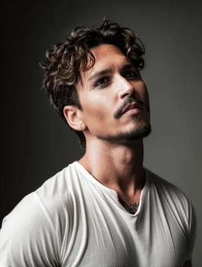 Thoughtful man @JohnnyDepp, Johnny Depp, curly short hair, black and white photo, faint stubble, white crew neck shirt, gazing upward, serene expression, grayscale palette, isolated against a plain, neutral background, soft shadows caress the contours of his face, upper body visible, tight crop framing the portrait just below the shoulders, subtle catchlights in his eyes, gentle gradient from light to dark across the background, providing depth, a classic monochromatic portrait exuding quiet introspection, the simplicity of the backdrop ensuring all focus remains on @JohnnyDepp.