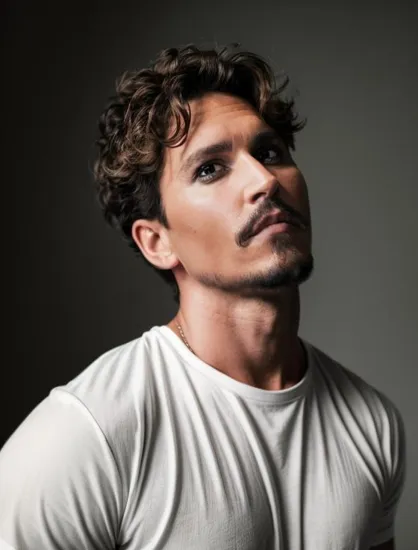 Thoughtful man @JohnnyDepp, Johnny Depp, curly short hair, black and white photo, faint stubble, white crew neck shirt, gazing upward, serene expression, grayscale palette, isolated against a plain, neutral background, soft shadows caress the contours of his face, upper body visible, tight crop framing the portrait just below the shoulders, subtle catchlights in his eyes, gentle gradient from light to dark across the background, providing depth, a classic monochromatic portrait exuding quiet introspection, the simplicity of the backdrop ensuring all focus remains on @JohnnyDepp.