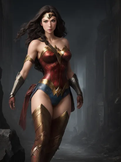 (darkflatartai:1.1) 
wonder woman,
with bright eyes standing in a dark city, organic shapes, curves, smooth, relic