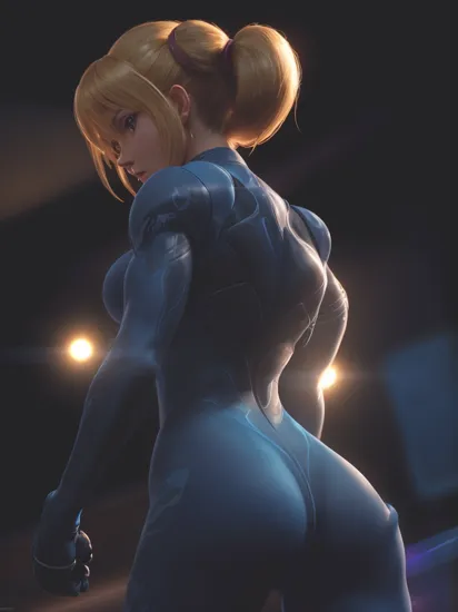 samus aran, ponytail, hair tie, blue gloves, blue bodysuit, (subsurface scattering:0.6), (ray traced:1.5), (depth of field:0.8), (bokeh:0.8), (god rays:0.8), (vivid colors:1.0), (cinematic hard lighting:0.9), (realistic shadows:1.2),      UnderButt,     looking down, looking at viewer