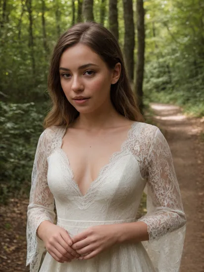 ((Portrait Photography)),cinematic photo professional raw photograph of nia-nacci Lace dress,A tranquil, sun-dappled forest path,close up,  dslr, 8k, 4k, ultrarealistic, realistic, natural skin, textured skin  . 35mm photograph, film, bokeh, professional, 4k, highly detailed