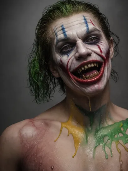 hyperrealistic painting that looks like a 8k photo of The Joker, halloween themed, mysterious liquid dripping all over his face, insane quality painting, his face-paint is runny and melting, extremely lifelike, disturbing art, dark and macabre, realistic skin texture, raytracing, 8k, hdr, deep vibrant colors, unbelievable composition, amazing lighting, art by mkdrgs