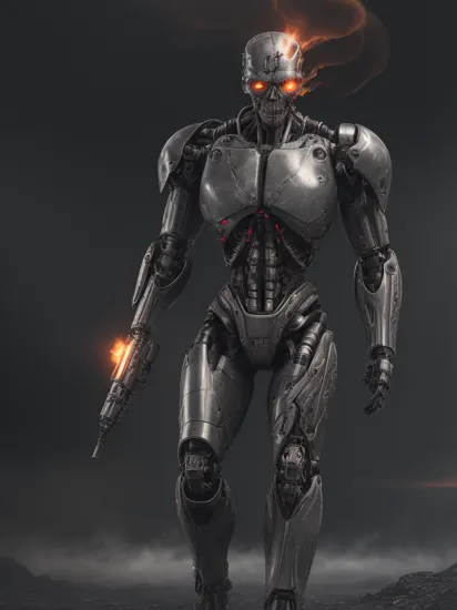 ((A full body  terminator cyborg in future city)). (RAW photo, real life, absurdres, high quality, detailed, realistic:1.3), (solo:1.3), a high resolution photo of a t-800 with intricate details, with red eyes glow and metal shiny skull face and chrome metal body, eyes are red camera lenses. ((metal reflex fire, big flames, fog, smoke and dark background)), cinematic, atmospheric, 4k, realistic lighting, shot by Hassleblad camera, Zeiss lens, 50mm 1.2 lens, Octane Render, ultra realistic, realistic lighting, photorealistic, photorealism, unreal engine, highly detailed, intricate detail, <lyco:terminator:0.6> (((full body))), cracked, broken with lava inside, battle damage, flying aeroships, builds the head or helmet as faithfully as possible to the model, fighter planes in sky,