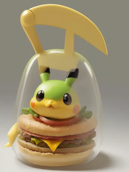 green colored pikachu eating a hamburger, translucent, transparent