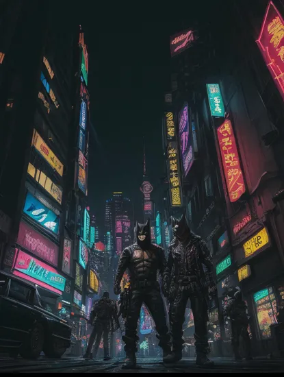 Liam Wong Style - An action-packed scene of Batman fighting The Joker in a cyberpunk cityscape, with a gritty, neon-lit aesthetic. Highly detailed with sharp lines and bold colors, reminiscent of Japanese anime. Art by Masamune Shirow and Katsuhiro Otomo.
 Liam Wong Style , 
 Liam Wong Style ,