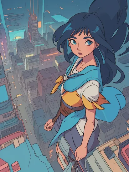 1girl 
pocahontas\(disney\), 
color of the wind
digital cityscape, 
perspective from above
shadow
cyberpunk \(series\), 
anime 
lineart, 
gradient
(by James Gilleard)