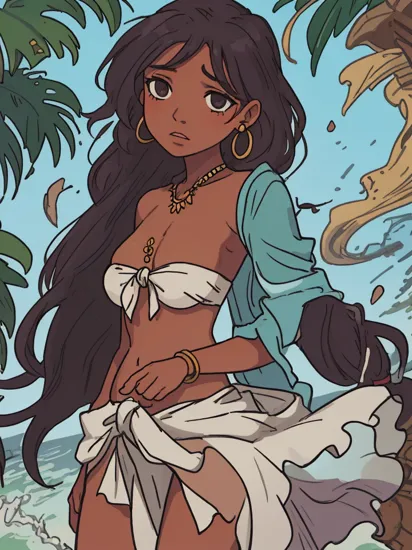  
jasmine, dark-skinned female, long hair, multi-tied hair, 
bandeau, earrings, 
sarong, 
 dirty, water, sad, dark skin,, masterpiece, best quality, highly detailed