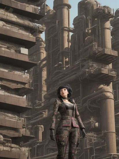Maximalist woman wearing brutalism city in architectural design inspired by chemical plant