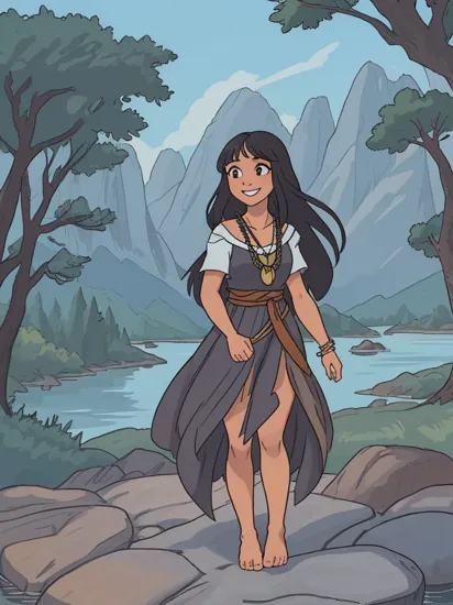 pocahontas, long black hair, necklace, dark skin,dress, barefoot, looking at viewer, smiling, full body shot, standing, on a rock, outside, river, grass, trees, mountain, blue sky, high quality, masterpiece, 