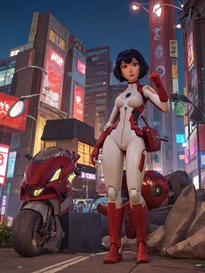 Major Motoko Kusanagi from Ghost in the Shell anime wearing an Iron Man suit. With a Sci-fi city at night in the Background.  Original character design by Hajime Shimomura   Ghost in the Shell, gits, Motoko Kusanagi, Iron man, Marvel, by Masamune Shirow, by Kenji Kamiyama, by Hajime Shimomura, anime, 1girl