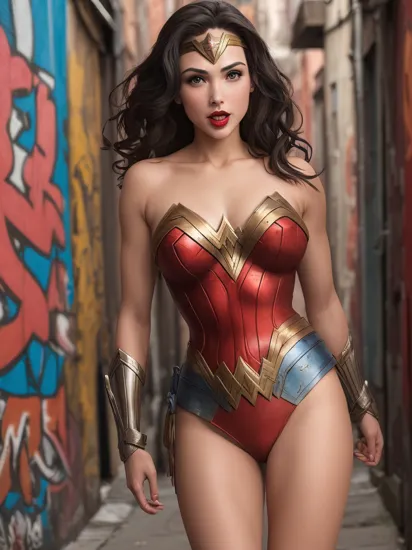 Photo of Wonder Woman in a gritty alley adorned with vibrant graffiti. red lips, [smiling|mouth open], dynamic pose.
  (high detailed skin:1.3), (small breast, sfw)

 