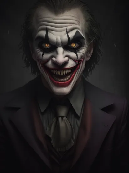An eerie image of the angry smiling Joker standing in the shadows, his face partially illuminated by the flickering light of a nearby streetlamp. The camera is positioned low, giving the Joker a looming and menacing presence. The image is rendered in a desaturated color palette, adding to the overall sense of decay and decay in Gotham City, RAW photo, full sharp, (FullHD epic wallpaper) 8k uhd, dslr, soft lighting, high quality, film grain, Fujifilm XT3