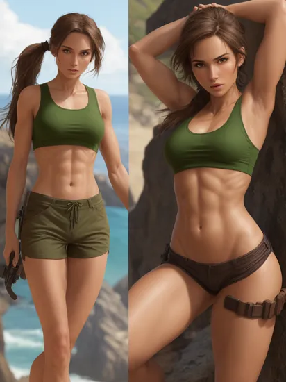 lara croft, athletic, abs, Sexy girl full face, with glossy skin, standing on cliff, long brown hair ponytail, green tanktop, brown shorts