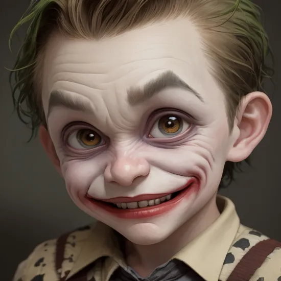 Pixar-style image of the joker as a cute and adorable kid, smiling at the camera, oversized head - pixar style, big bright eyes, baptiste monge , anthropomorphic , dramatic lighting, 8k, portrait, realistic, fine details, photorealism, cinematic , intricate details, cinematic lighting, photo realistic