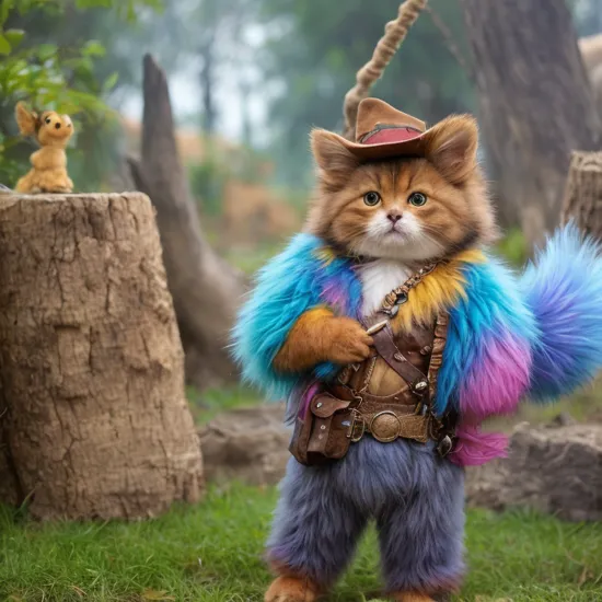 a small,colorful, fuzzy, fluffy fur,,cute,happy, fantz creature, dressed like Indiana Jones, the background is a party.  
