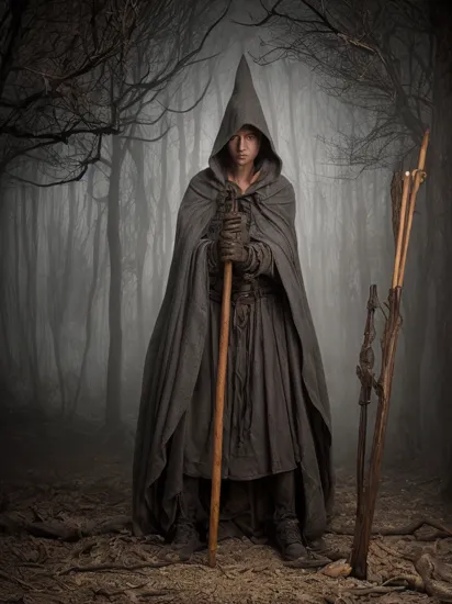 1 mage with grey hooded cloak, inside the hood is pure darkness
casting spell with a wooden staff
a ancient weaving machine
 dark fantasy, 
glowing particles, dramatic lighting, shadows
castle, conceptual, contemporary, expressionism, portraits, realism, whimsical by Nan Goldin