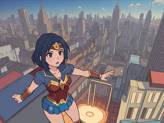 anime screencap in vwst artstyle Wonder Woman standing in front of the Metropolis skyline, hd, 4k, high-quality