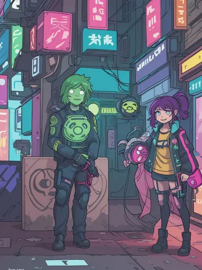 Two people, Cortana and Master Chief both spraying illegally a cute smiley face graffiti at a wall in a colorful cyberpunk city, vandalism, reimagined in a cyberpunk universe, cyberpunk cityscape, cyberpunk, cyberpunk style, glowing neon lights, detailed background, masterpiece, best quality, high quality, absurdres, vivid 