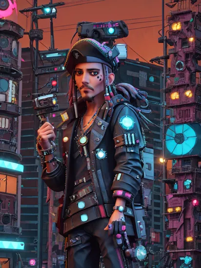 captain jack sparrow, johnny depp, (cyberpunk style:1.6), on a ship, black perl, soft neon light, neon on dress, robotic parts, hyperrealistic, futuristic neon medallion, (led display on the hat:1.2)  