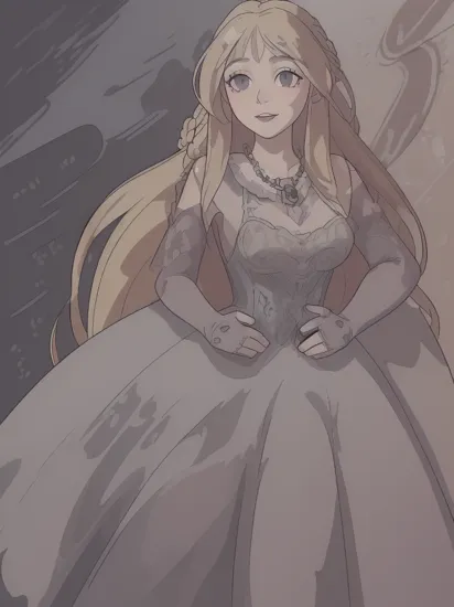 woman, , rapunzel, (giant braid, very long hair, absurdly long hair:1.4), blonde hair, smile, shy smile, high heels, castle, (ballgown:1.5), (edgvs:1.5), elbow gloves, necklace, hands on hips, (wearing edgvs [lingerie|ballgown]:1.5), ,, (masterpiece, high quality, best quality:1.3), (photorealism:1.3), (dynamic shadows, dynamic lighting:1.2), (natural skin texture:1.5), (natural lips, detailed lips:1.3), (natural shadows, detailed shadows:1.5), (hyperrealism, soft light, sharp), (hdr, hyperdetailed:1), (intricate details:0.8), detailed eyes, detailed hair, detailed skin, 8k, (cinematic look:1.4), insane details, intricate details, hyperdetailed, low contrast, soft cinematic light, exposure blend, hdr, faded, slate gray atmosphere