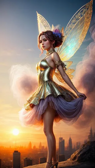 ethereal fantasy concept art of TransformersStyle, [: macro photography floating fairy with metallic dress (made of smoke:1.2), :5] [giant carrot::8], selective focus, vray tracing, faberge metallic shell structure wrapped around, filigree, rainbowcore, fractal patterns BREAK sunset, city, magical ambient . magnificent, celestial, ethereal, painterly, epic, majestic, magical, fantasy art, cover art, dreamy