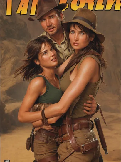 Indiana Jones hugging Lara Croft,  Comic book Illustration