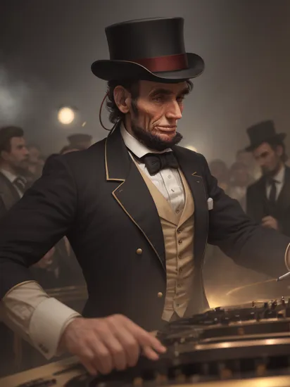 Photorealistic 8K, Abraham Lincoln DJing at a modern club, optimized for 768x1344, spinning 'Emancipation Beats,' wearing headphones over his stovepipe hat, crowd going wild, highly detailed