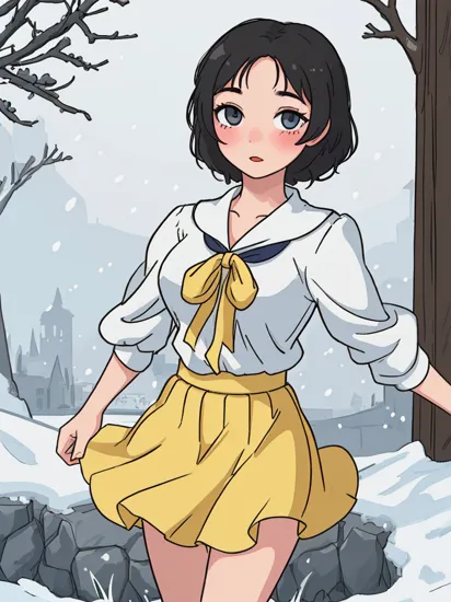 (masterpiece, best quality), 1girl, black hair, snow white, cute, blushing, yellow skirt, looking at viewer 