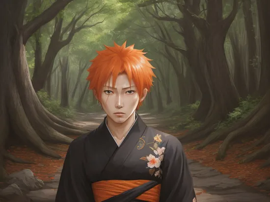 <lora:ichigo:0.5>,ichigo/Bleach/,short orange hair,black kimono,close up,full body,((forest background)),living stones behind,ultra detailed face,best quality,solo,pointy chin,closed mouth,serious look,sweat on face
