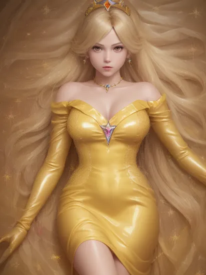 professional detailed (full body) photo, (samus aran:1.2) dressed in (latex strapless (Rosalina yellow dress:1.2), (long straight blonde hair), (jewelry, yellow dress, princess crown, jewel brooch, long wide sleeves), (perfect face, beautiful face, symmetric face), (shiny glossy translucent clothing, gleaming oily latex fabric :1.1), (sparkles, sparkling hair, sparkling clothes, sparkles around face:1.3),
8k, RAW photo, photo-realistic, masterpiece, best quality, absurdres, incredibly absurdres, huge filesize, extremely detailed, High quality texture, physically-based rendering, Ray tracing,