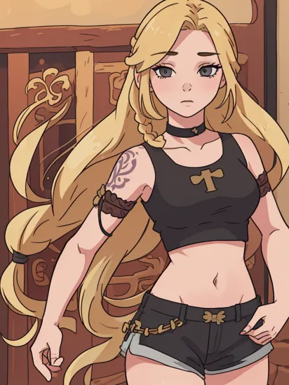 Rapunzel with tattoos in streetstyle clothes, with long blonde braids and half opened hair, ultra realistic, 8k, withe crop top, no 
squint, a black choker, black hotpants