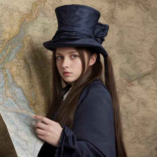 masterpiece, best quality, dramatic lighting, detailed face, detailed eyes, 1girl, cute, long hair, pony tail, Napoleon Bonaparte cosplay, navy blue coat, cloak, regalia, sash, bicorn hat, Cockade, dark hair, serious expression, looking at viewer, looking at maps, map of Europe