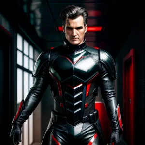 A man in a futuristic black shiny suit with red details. The man is 45 years old and has the look of a psychopath.