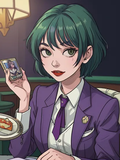 A beautiful woman with short green hair, dressed as the Joker in the iconic purple suit at an upscale charity dinner, femenine, female jocker, (polaroid photo:1.1)