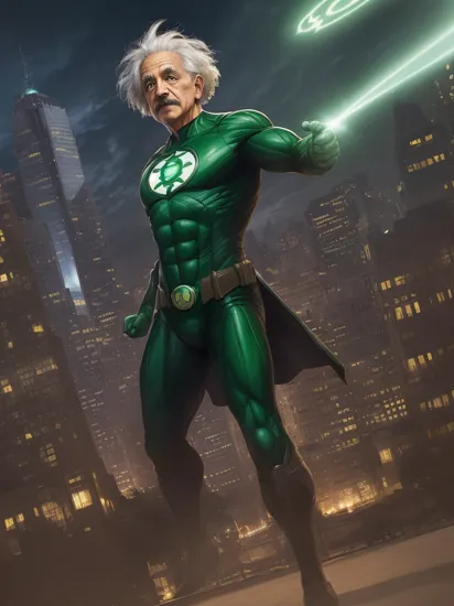 Albert Einstein as Green Lantern , superhero, hyper detailed,  colorful,Casual walk with hands in motion, Low-key angle,Detailed Madison Wisconsin background, 