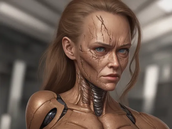 terminator woman with damaged skin, hyper realistic, highly defined, highly detailed