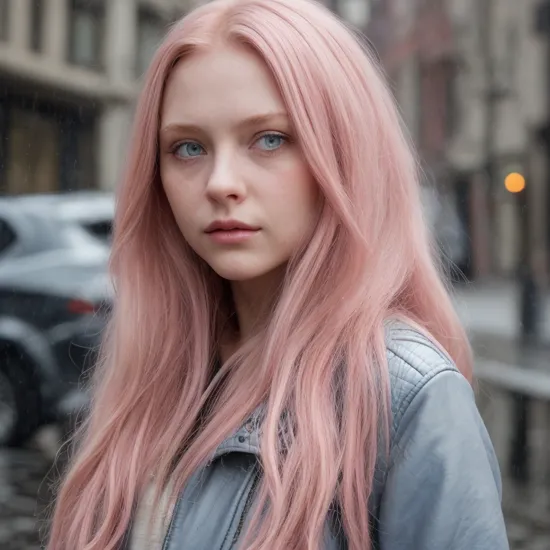 Portrait of girl, ((long pink hair, leather jacket, blue eyes)), street photography, side angle, city streets, ((rain, night, matte colors, dark background)), blushing, looking into camera, (8k, best quality, masterpiece:1.2), (realistic, photo-realistic:1.37), ultra-detailed, 1 girl, cute, solo, beautiful detailed sky, dating, (nose blush), (closed mouth) small breasts, beautiful detailed eyes, realistic, photo, detailed background, hdr, 
, 
 