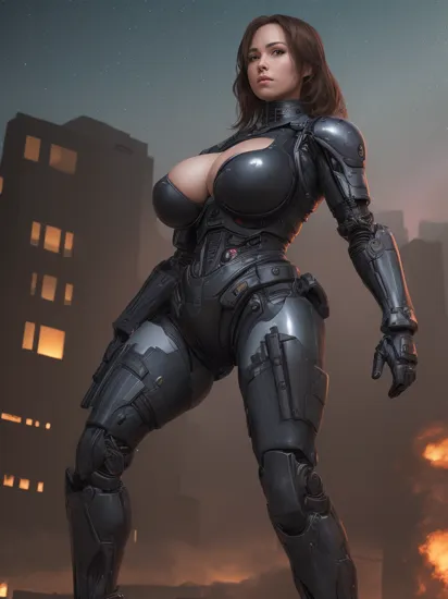 explosions in the background, night sky, full body shot (Realisitc:1.5) woman terminator, big breasts,   