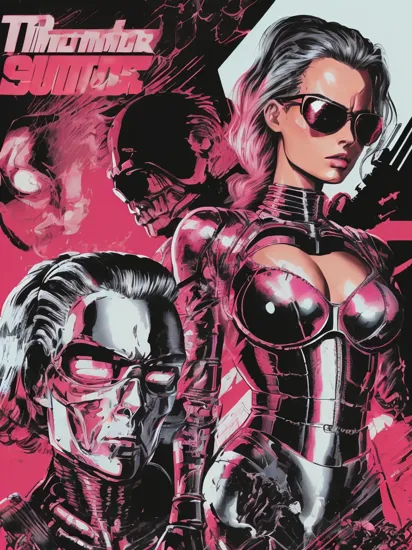(retro movie poster, Terminator movie poster style:1.2), Margot Robbie as a Barbie (Terminator:1.2), pink and plastic suit, Terminator movie title, (dark retro scifi lineart background:1.2), aviator sunglasses