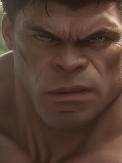 Closeup photo portrait of Hulk, frontal view, atmospheric scene, masterpiece, best quality, (detailed beautiful face, detail skin texture, ultra-detailed body:1.1), sharp focus, natural lighting, subsurface scattering, film grain,