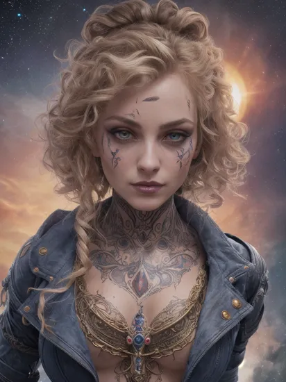 beautiful eurpean lady, curly, partial shaved ,face tattoo, ornaments, jewellery, sexy, sunrise3d, adorable,astrophotography, centered, symmetry, painted, intricate, volumetric lighting, beautiful, rich deep colors masterpiece, sharp focus, ultra detailed, apocalypse background ,blue iris, perfect face, scary, boots,  assassin's creed style