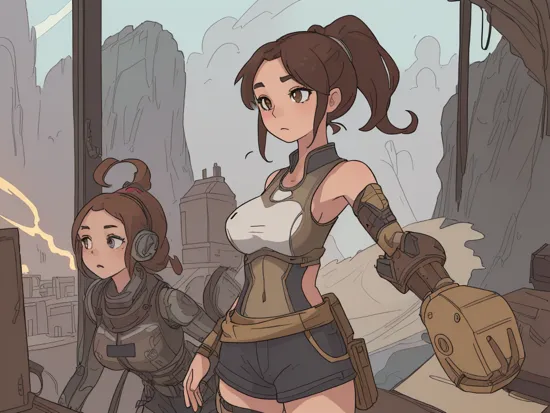 1girl ,  Lara Croft, brown hair, brown eyes, ponytail, tanktop, shorts, standing, facing away[::1] ,fantasy clothes, breast curtains , fantastic scenery, arctic mountain waterfall[::2] tornado     1mecha, best quality, biomechanical, complex robot, hyper realistic, (hyper detailed:1.25), intricate, (insane fine details:1.1), Extremely sharp lines, scifi aesthetic, a masterpiece  by mooncryptowow, complex robot, , porcellana style, painting of, by the window, , betmd,, very thin waist, ,big boobs,slim body,, (8k, masterpiece, best quality, ultra-detailed),  (an extremely delicate and beautiful)kawaii, cute, very big eyes, Aesthetic Anime Eyes, small face,  large breasts, cinematic lighting, , Intricate, High Detail, Sharp focus, dramatic,   masterpiece, best quality, ultra-detailed,