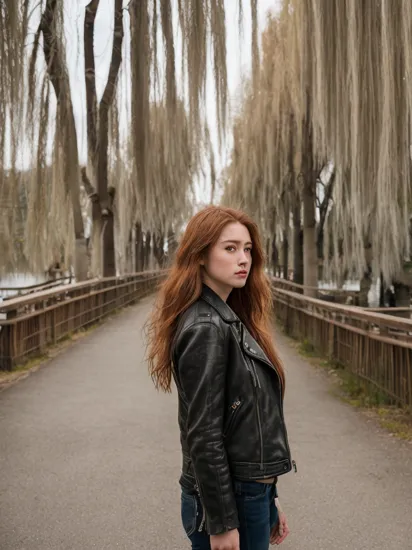 gritty raw street photography, 21 year old woman, (Chestnut hair, long one side up), Biker Jacket, japanese clothes, looking at the viewer,  at streets of ((Peaceful riverside with weeping willow trees and a wooden bridge)), (hyperrealism:1.2), (8K UHD:1.2),  Fujifilm X-T4, soft lighting, 