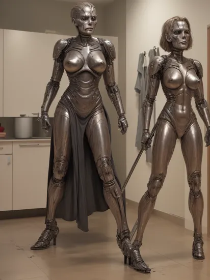 damaged evil terminator woman,  nude with damaged skin and head showing the metal parts, mopping the floor of the apartment, hyper realistic, highly defined, highly detailed