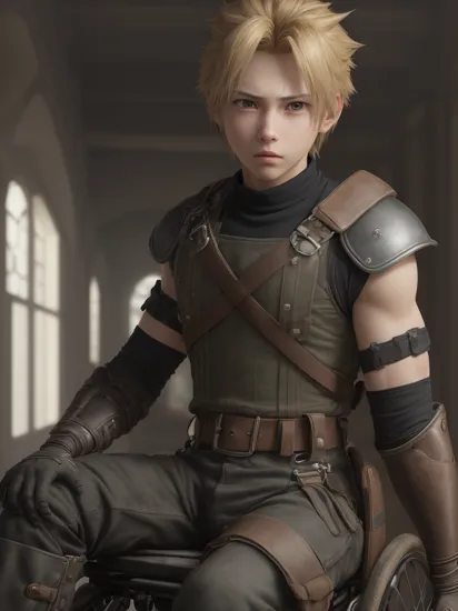 (best quality), (masterpiece), (realistic,) (photo-realistic), ultra-detailed,(looking down:1.2),
1boy,male focus, ,
 cloud strife, shoulder armor, sleeveless turtleneck, suspenders, belt, baggy pants, gloves, bracer, boots,
(wheelchair:1.2),sitting,empty eyes,disappointed,disappointment,hollow,
 (shaded face:1.1), (sad:1.2),
indoor,country,
professional lighting, photon mapping, physically-based rendering,