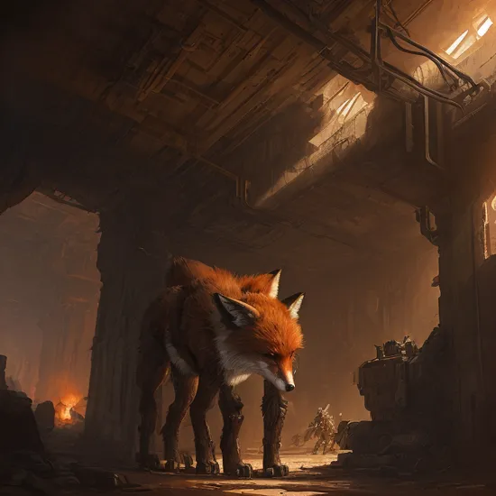 nousr robot photography of a   fox terminator inside a science fiction dungeon by Greg Rutkowski