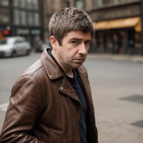 Noel Gallagher, a man in old leather jacket looks aside on a distant object with serious facial expression, in style of street photography, professional photographic settings, cinematic lighting, dynamic angles, best quality, top quality, high resolution, ultra-high definition, 8k, 4k,