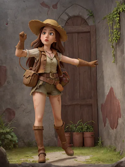 (absurdres, highres, ultra detailed), 1girl, solo, extremely detailed eyes, colorful, highest detailed,  solo, half shot, detailed background, detailed face, (renaissance theme:1.1), explorer, exploring, dynamic pose,  tattered frayed leather clothes, vest, indiana jones hat,  rope,  straps, belt, gloves, (leather pouches:0.4),   dark dungeon background,  moss, mold,  long forgotten relics, dark cinematic atmosphere,  shadows, dim light,