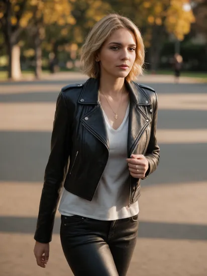 street photography of a woman,(caradelev1ngne_ti-4600:0.98) in her 30s,wearing a black leather jacket,walking in park,  realistic photograph, detailed face, film grain,shot on hasselblad 500cm,golden hour,blonde side cut hair, in the style of tyler shields